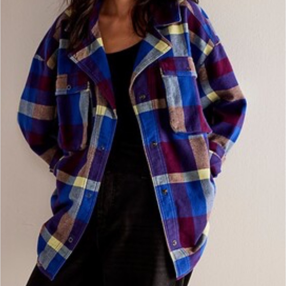 Free People NWT Izzy Cargo 100% Cotton Flannel Snap Close Shacket oversized